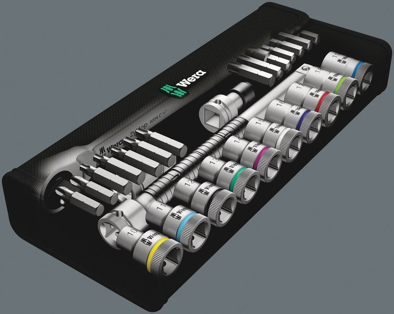 Wera 05004078001 8100 SC 8 Zyklop Metal Ratchet Set with switch lever, 1/2" drive, metric, 28 pieces