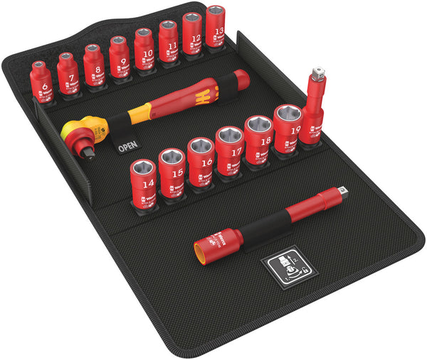 Wera 05004970001 8100 SB VDE 1 Zyklop Ratchet set, insulated, switch lever, 3/8" drive, metric, 17 pieces