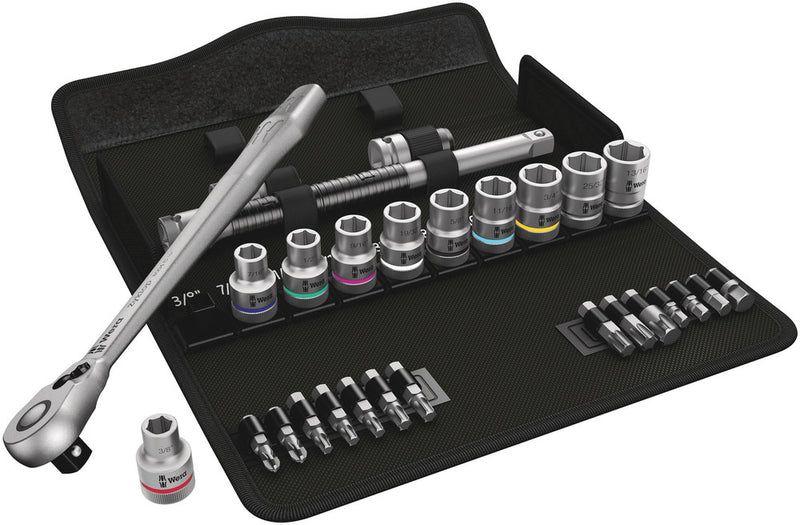 Wera 05004081001 8100 SC 11 Zyklop Metal Ratchet Set with switch lever, 1/2" drive, imperial, 28 pieces