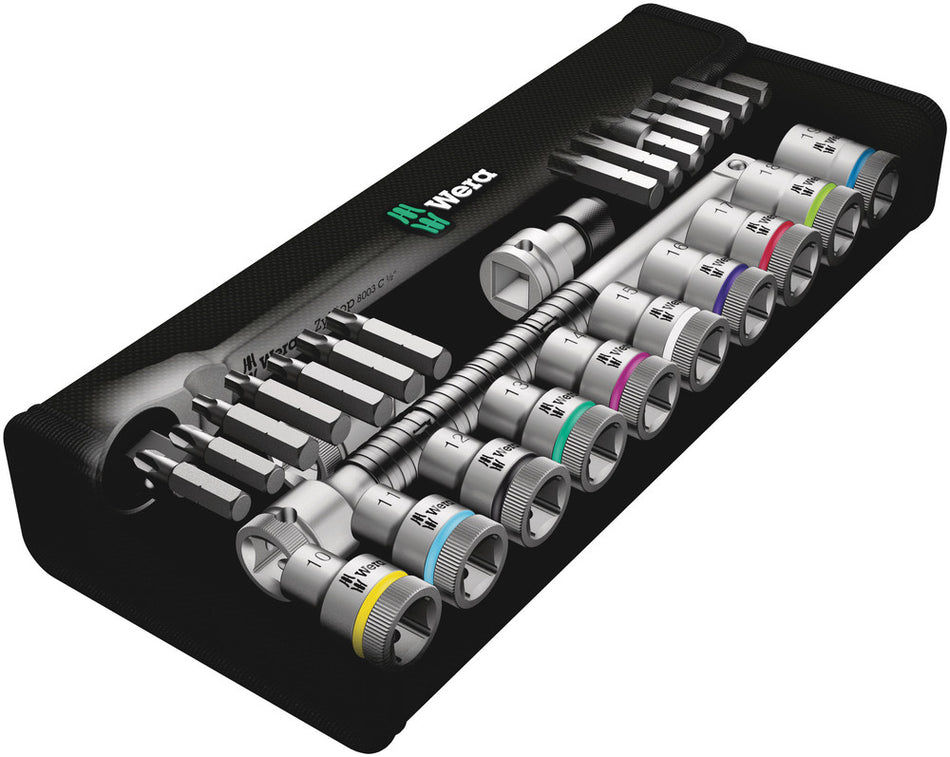 Wera 05004077001 8100 SC 7 Zyklop Metal Ratchet Set with push-through square, 1/2" drive, metric, 28 pieces