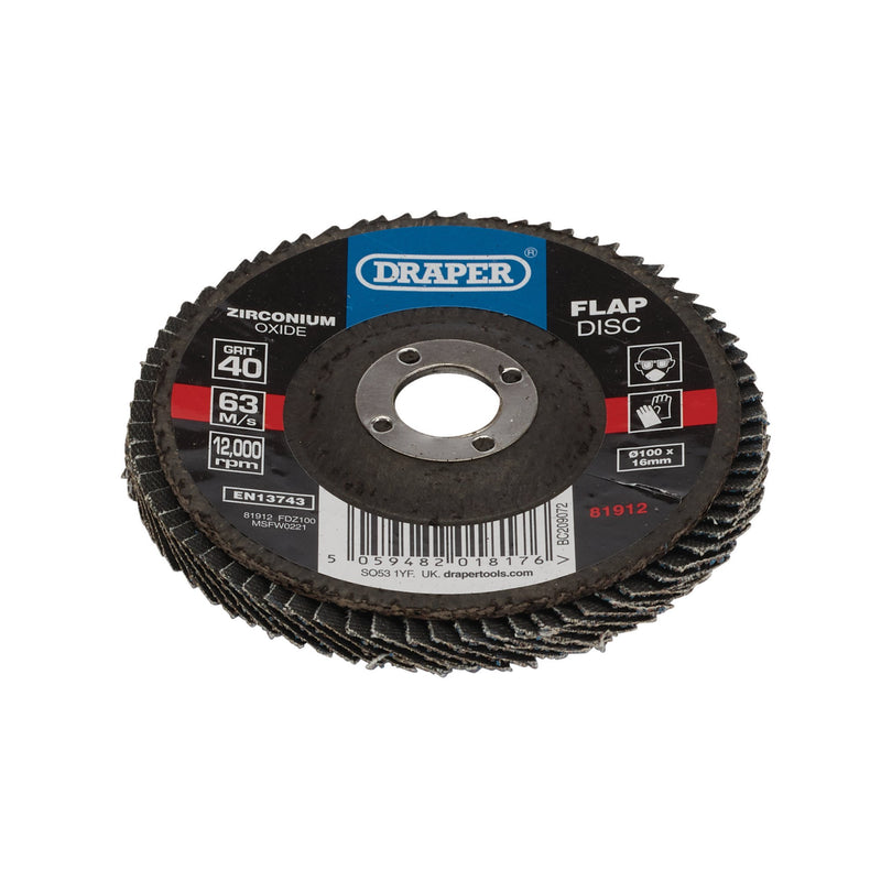 Draper 81912 Zirconium Oxide Flap Disc, 100 x 16mm, 40 Grit