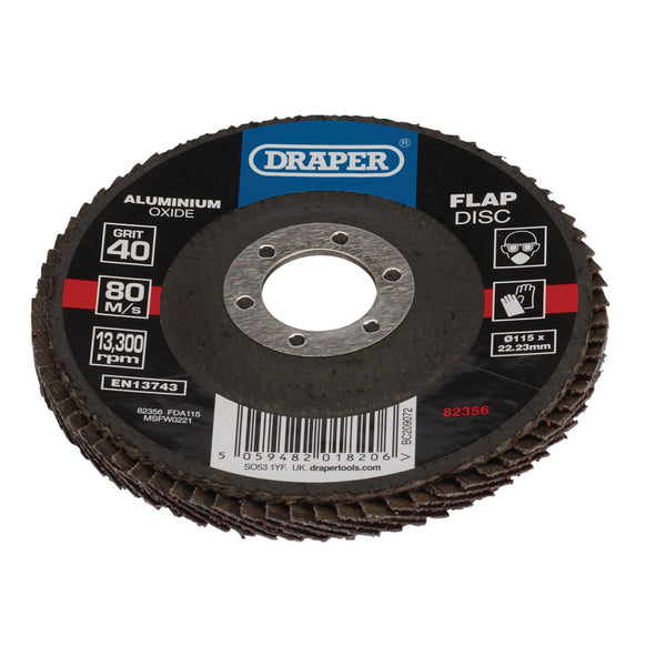 Draper 82356 Aluminium Oxide Flap Disc, 115 x 22.23mm, 40 Grit