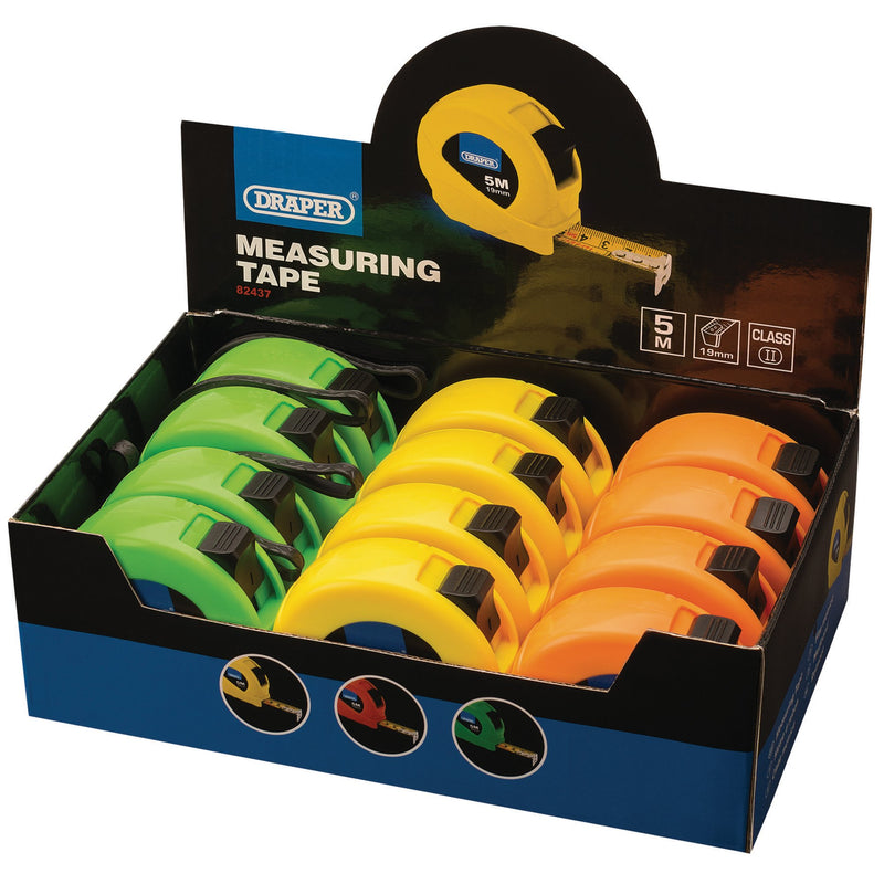 Draper 82437 Measuring Tapes, 5m/16ft x 19mm, 3 Colours (Dispenser of 12)