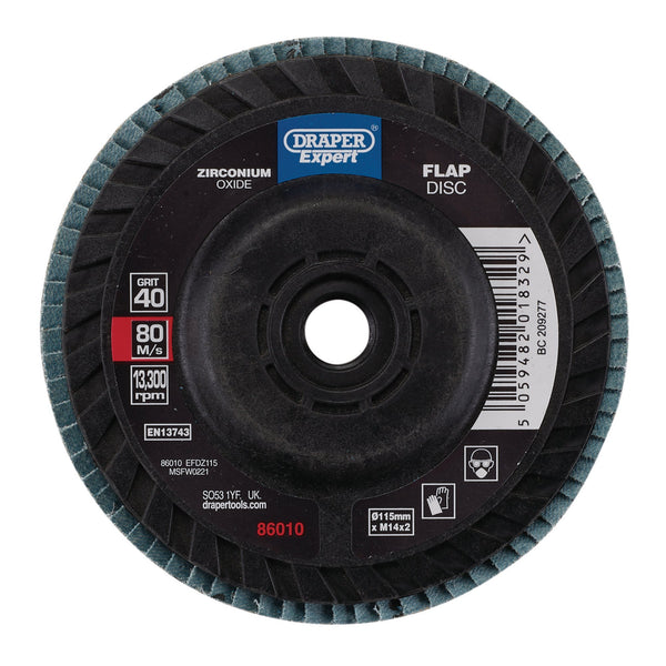 Draper 86010 Draper Expert Zirconium Oxide Flap Disc, 115mm, M14, 40 Grit