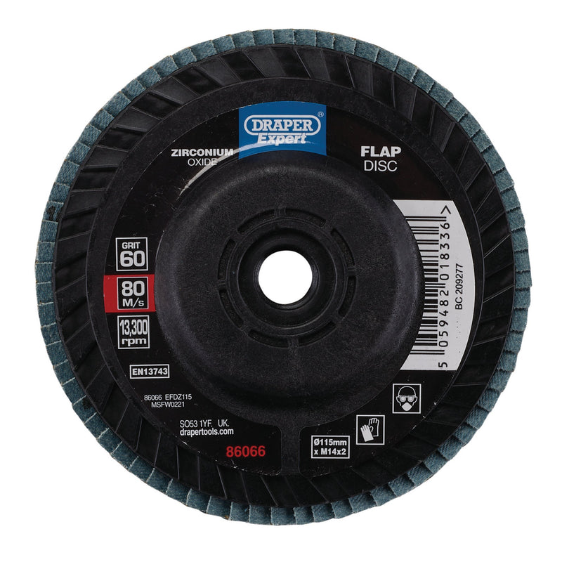 Draper 86066 Draper Expert Zirconium Oxide Flap Disc, 115mm, M14, 60 Grit