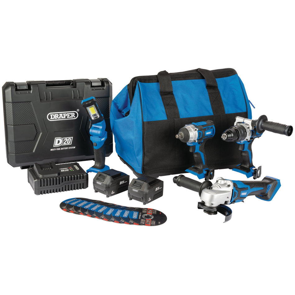 Draper 90470 D20 20V Workshop Kit, 1 x 3.0Ah Battery, 1 x 4.0Ah Battery, 1 x Fast Charger (19 Piece)