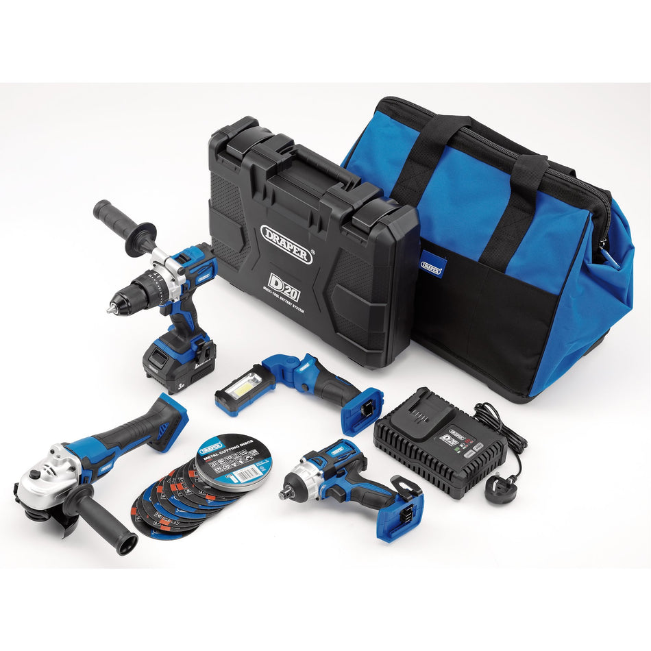 Draper 90470 D20 20V Workshop Kit, 1 x 3.0Ah Battery, 1 x 4.0Ah Battery, 1 x Fast Charger (19 Piece)