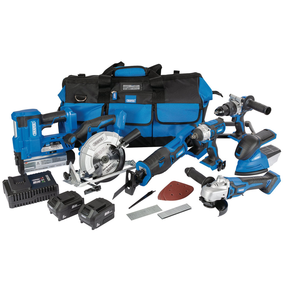 Draper 90473 D20 20V Jumbo Kit (7 Piece), 1 x 3.0Ah Batteries, 1 x 5.0Ah Battery, 1 x Charger, 1 x Tool Bag
