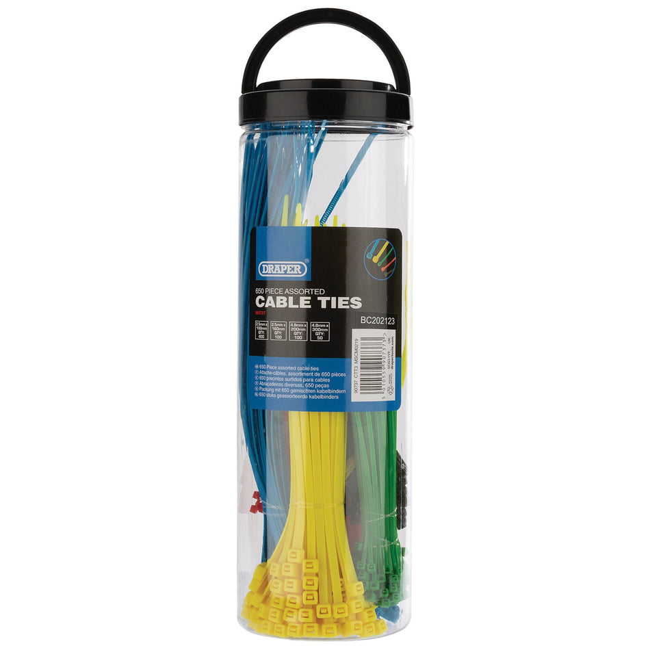 Draper 90737 Assorted Coloured Nylon Cable Tie Pack (650 Piece)