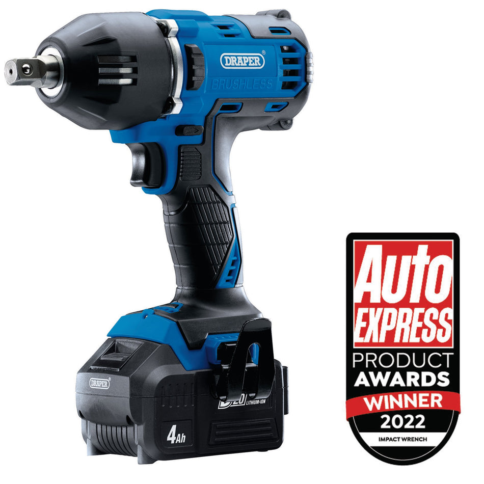 Draper 99251 D20 20V Brushless Mid-Torque Impact Wrench, 1/2" Sq. Dr., 400Nm, 2 x 4.0Ah Batteries, 1 x Charger