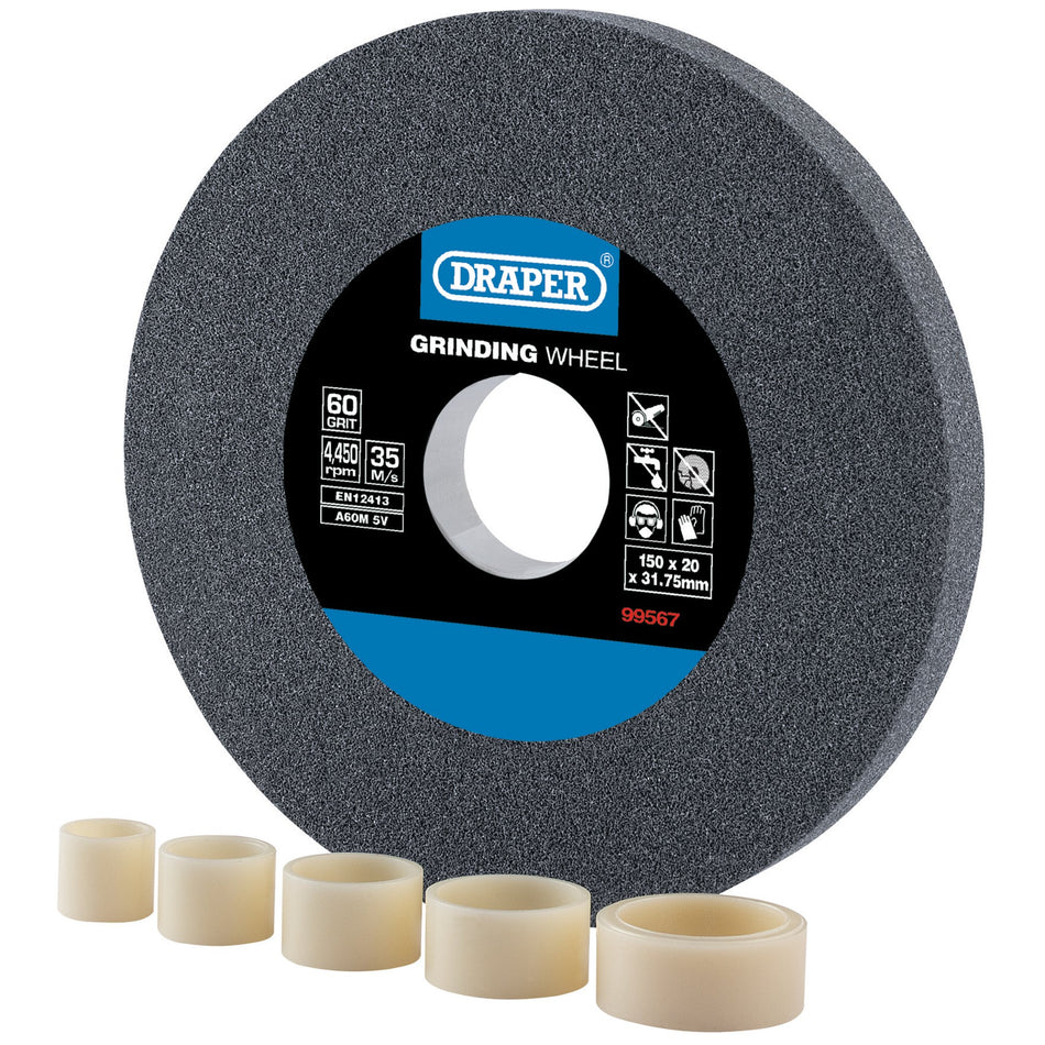 Draper 99567 Aluminium Oxide Bench Grinding Wheel, 150 x 20mm, 60 Grit