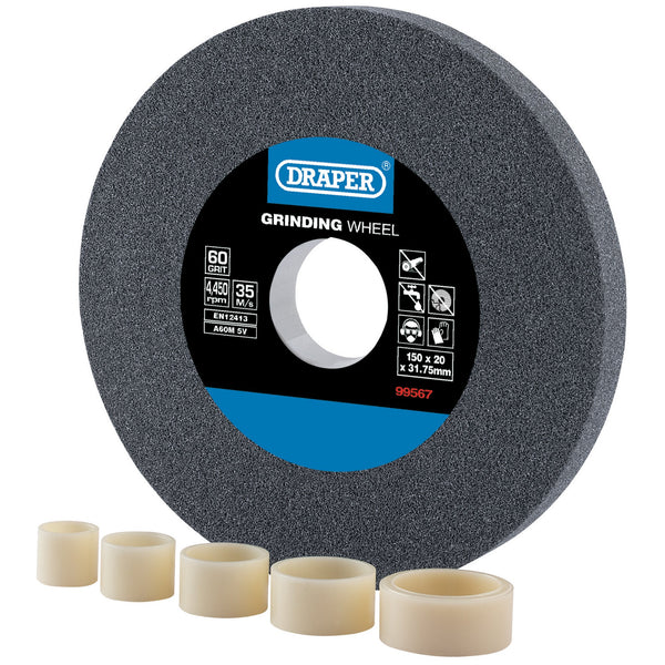 Draper 99567 Aluminium Oxide Bench Grinding Wheel, 150 x 20mm, 60 Grit