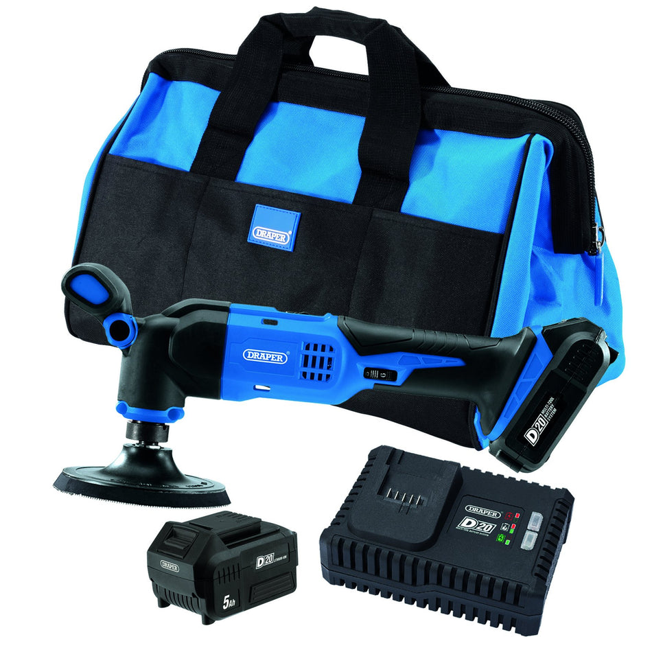 Draper 99731 D20 20V Dual Action Polisher Kit, 125mm, 2 x 5.0Ah Battery, 1 x Fast Charger