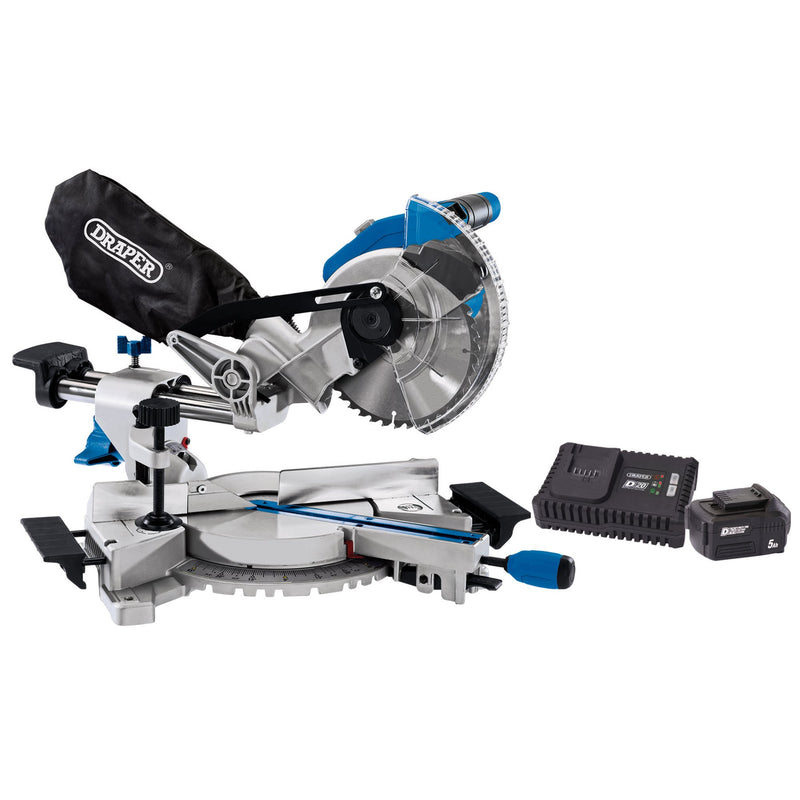 Draper 99970 D20 20V Brushless Sliding Compound Mitre Saw, 185mm, 1 x 5.0Ah Battery, 1 x Fast Charger