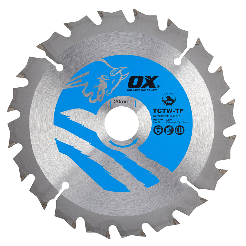 OX Tools OX-TCTW-TF-1362020 Wood Cutting Thin Kerf Circular Saw Blade 136/20mm, 20 Teeth ATB