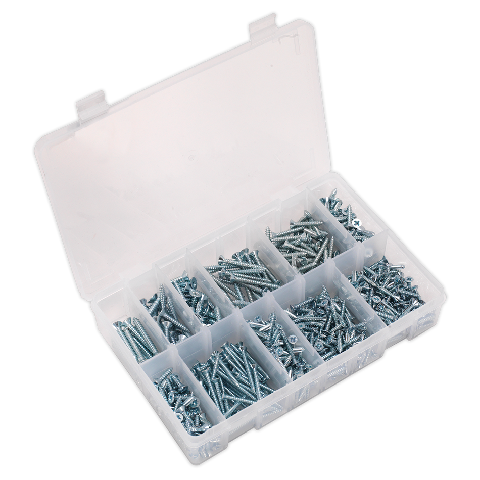 Sealey AB065STCP 600pc Zinc Plated Self Tapping Countersunk Pozi Screw Assortment