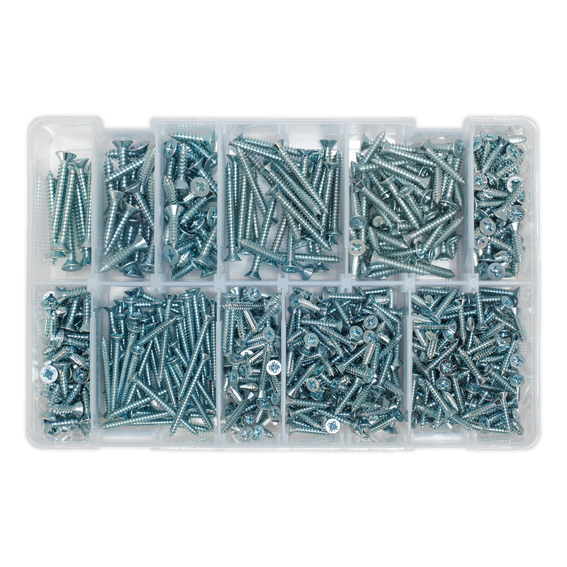 Sealey AB065STCP 600pc Zinc Plated Self Tapping Countersunk Pozi Screw Assortment