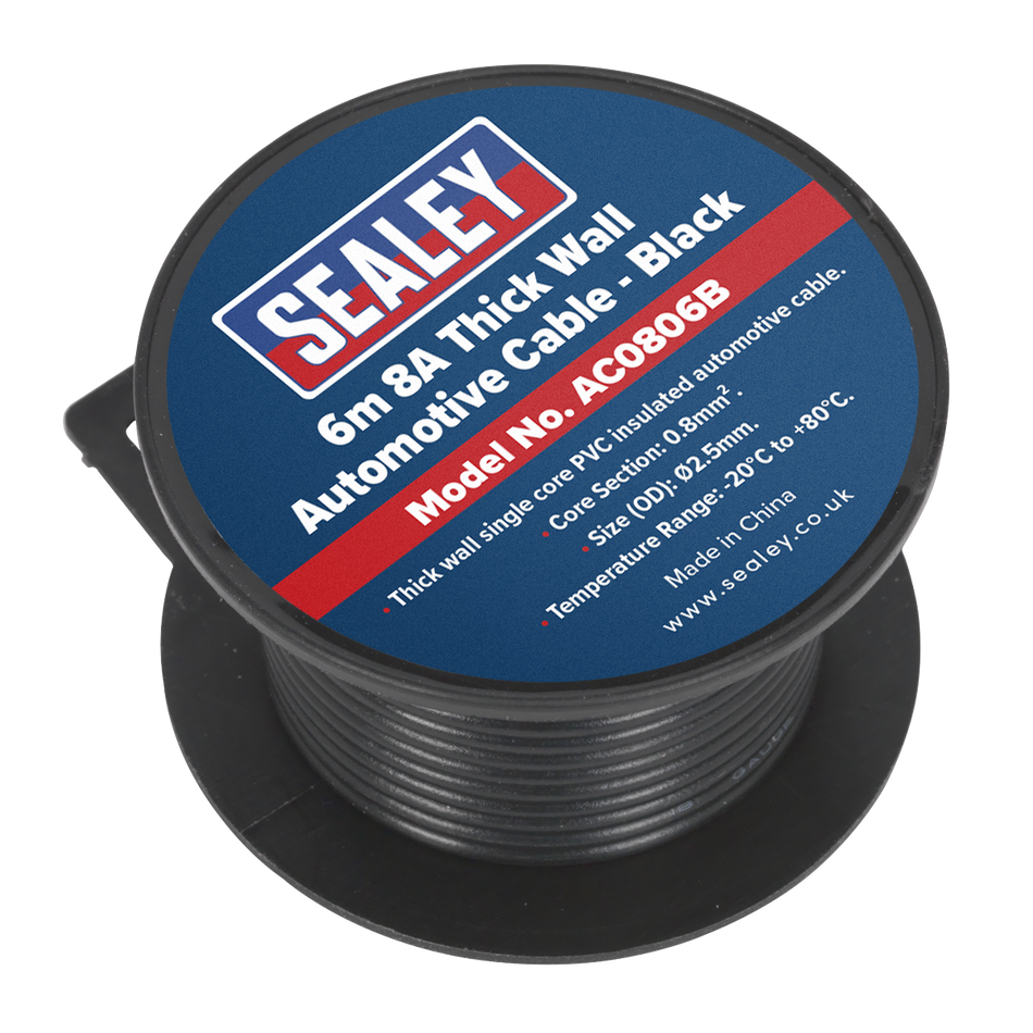 Sealey AC0806B 6m 8A Thick Wall Automotive Cable - Black