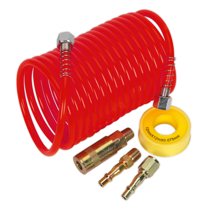 Sealey AHK03 5m x Ø5mm PU Coiled Air Hose Kit with Coupling Kit