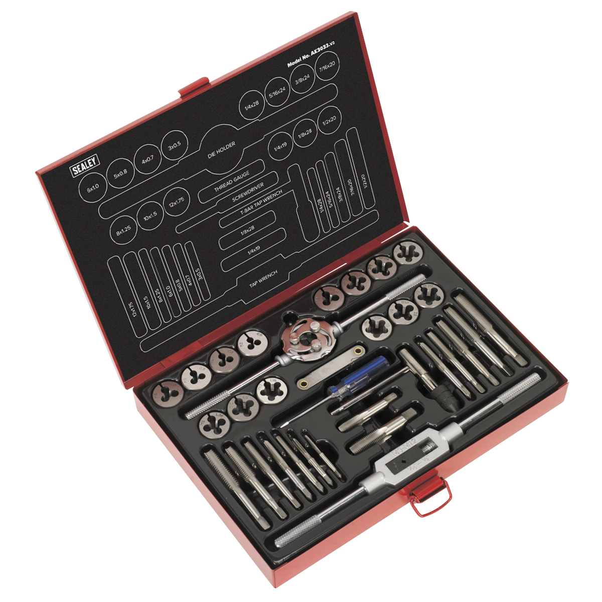 Sealey AK3033 33pc Tap & Die Set Split Dies - Metric/UNF/BSP