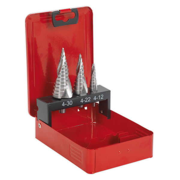 Sealey AK4743 3pc Spiral Flute HSS M2 Step Drill Bit Set