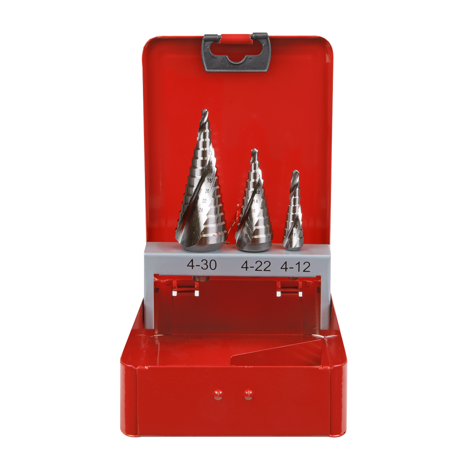 Sealey AK4743 3pc Spiral Flute HSS M2 Step Drill Bit Set