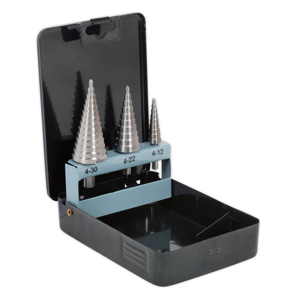 Sealey AK4746 3pc Double Flute HSS 4341 Step Drill Bit Set