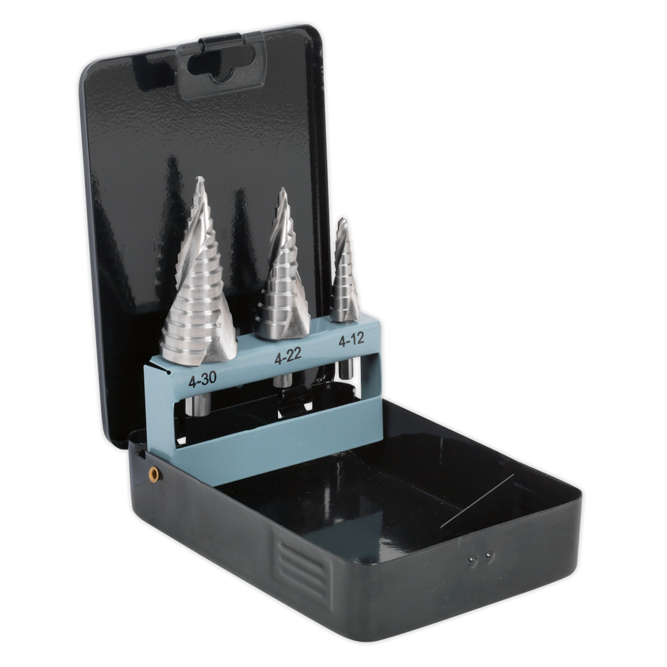 Sealey AK4749 3pc Spiral Flute HSS 4341 Step Drill Bit Set