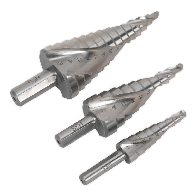 Sealey AK4749 3pc Spiral Flute HSS 4341 Step Drill Bit Set
