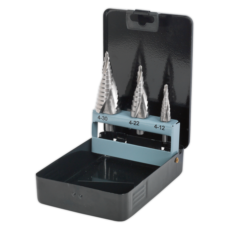 Sealey AK4749 3pc Spiral Flute HSS 4341 Step Drill Bit Set