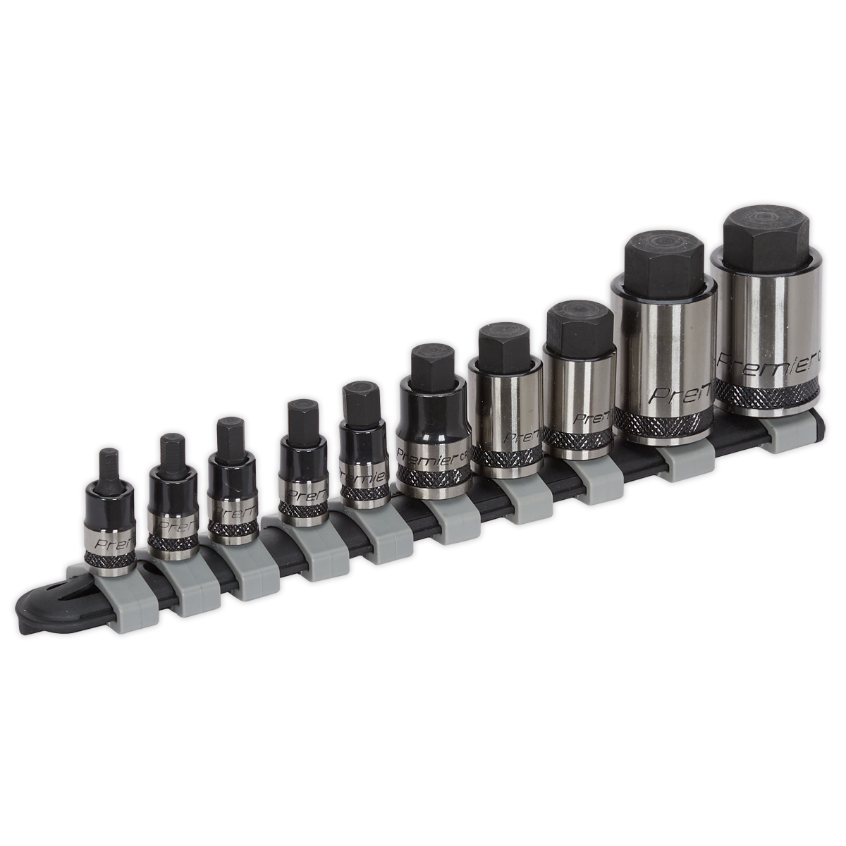 Sealey AK6229B 10pc 1/4", 3/8" & 1/2"Sq Drive Stubby Hex Socket Bit Set - Black Series