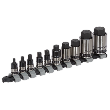Sealey AK6229B 10pc 1/4", 3/8" & 1/2"Sq Drive Stubby Hex Socket Bit Set - Black Series