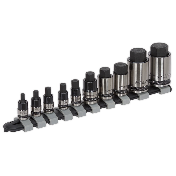 Sealey AK6229B 10pc 1/4", 3/8" & 1/2"Sq Drive Stubby Hex Socket Bit Set - Black Series