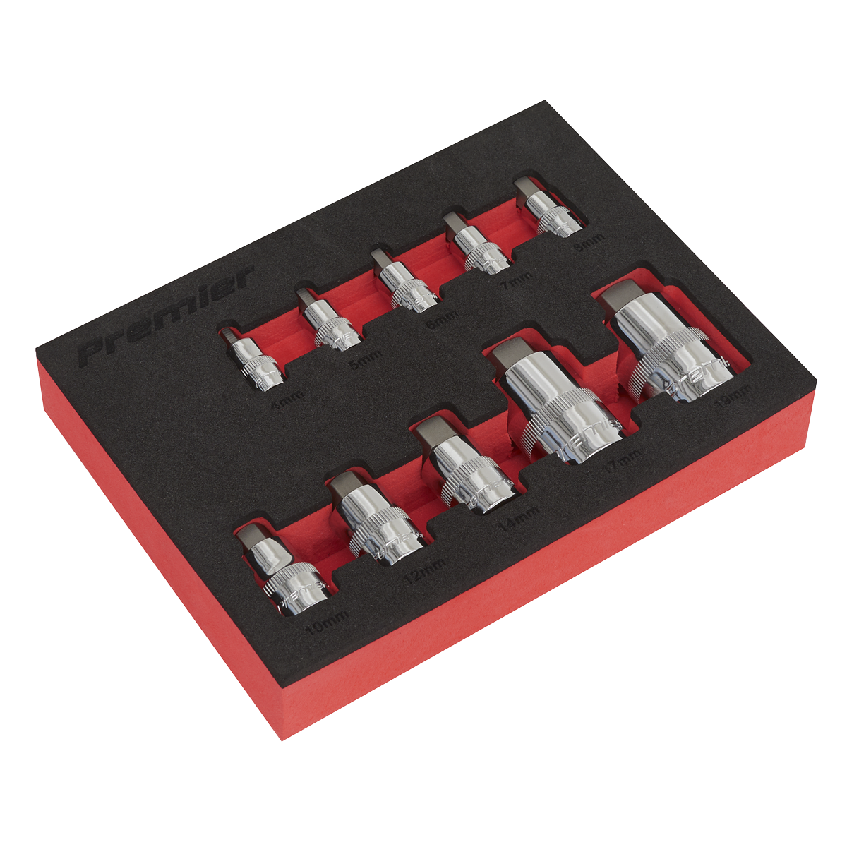 Sealey AK6244 10pc 1/4", 3/8" & 1/2"Sq Drive Hex Socket Bit Set - Stubby