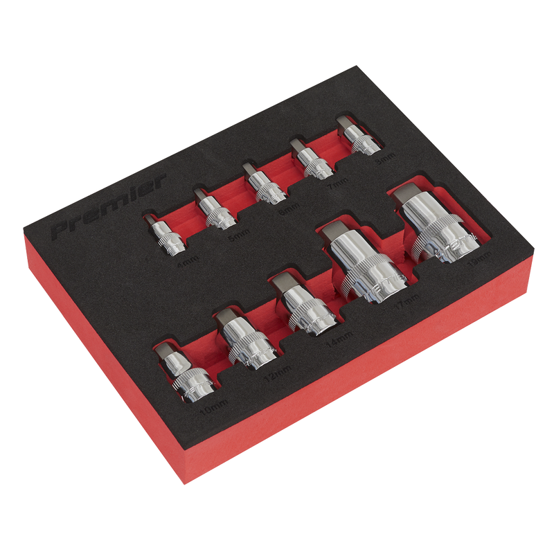 Sealey AK6244 10pc 1/4", 3/8" & 1/2"Sq Drive Hex Socket Bit Set - Stubby