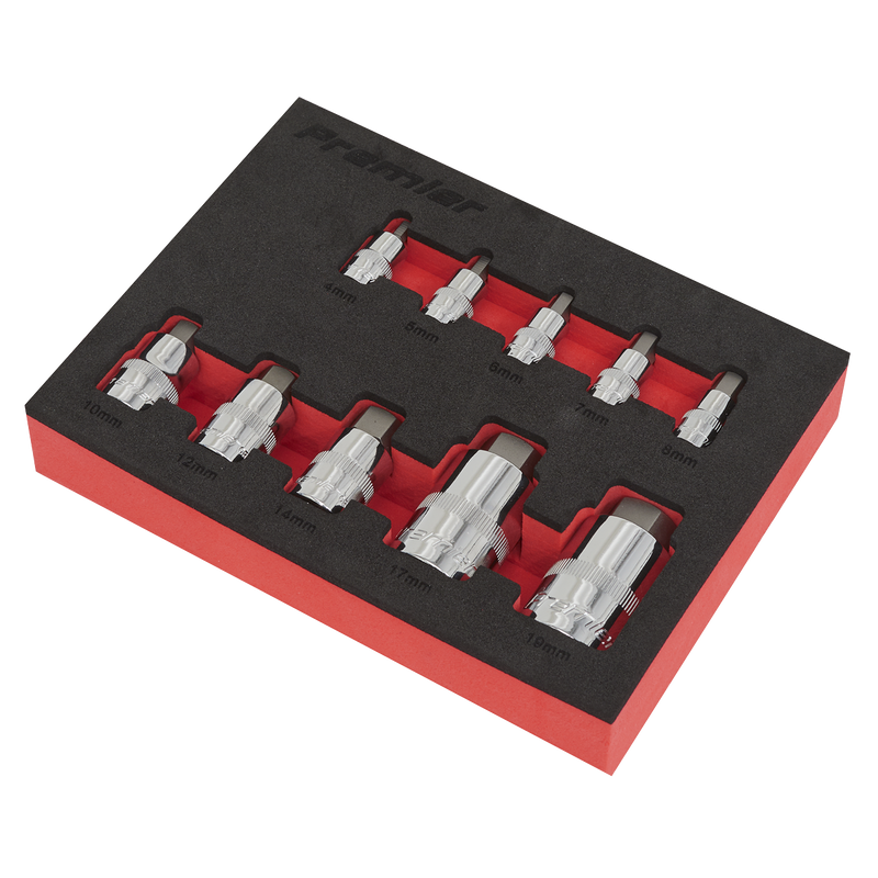 Sealey AK6244 10pc 1/4", 3/8" & 1/2"Sq Drive Hex Socket Bit Set - Stubby