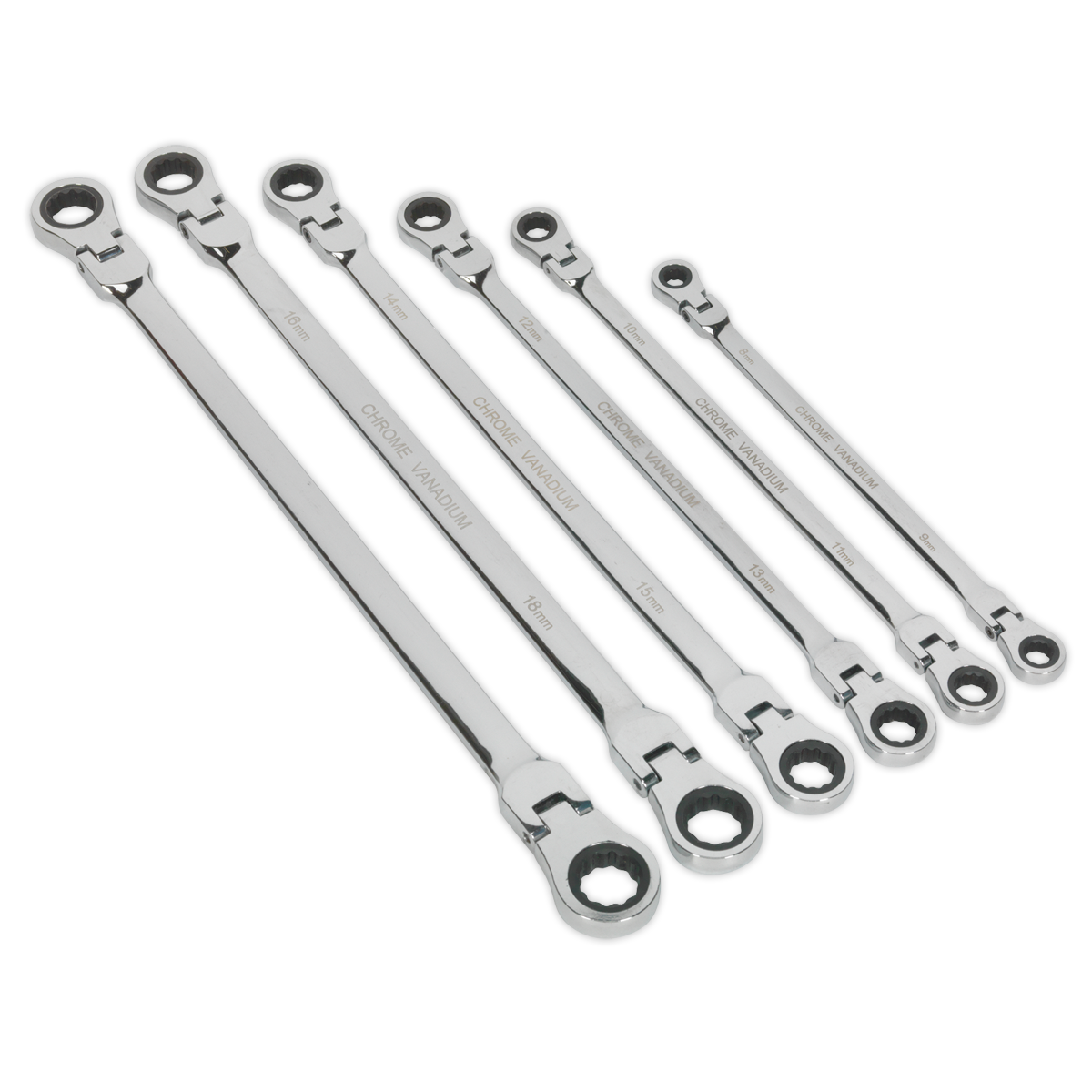 Sealey AK63832 6pc Extra-Long Flexi-Head Double End Ratchet Ring Spanner Set