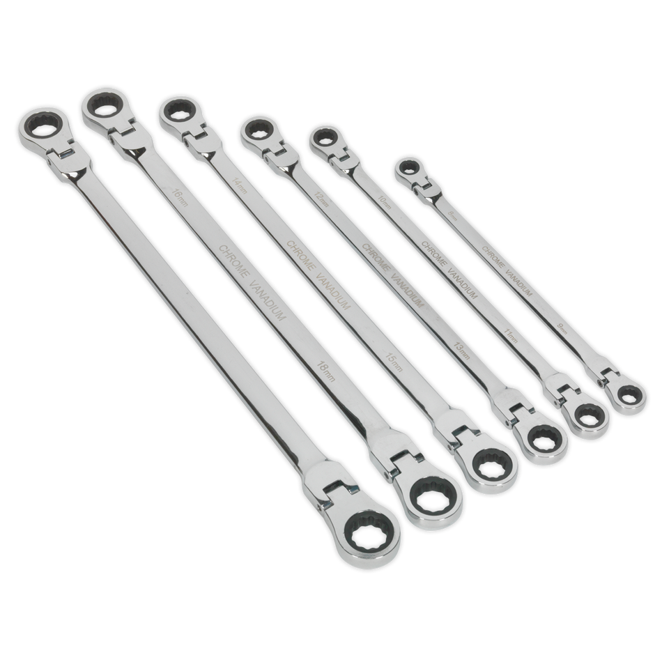 Sealey AK63832 6pc Extra-Long Flexi-Head Double End Ratchet Ring Spanner Set