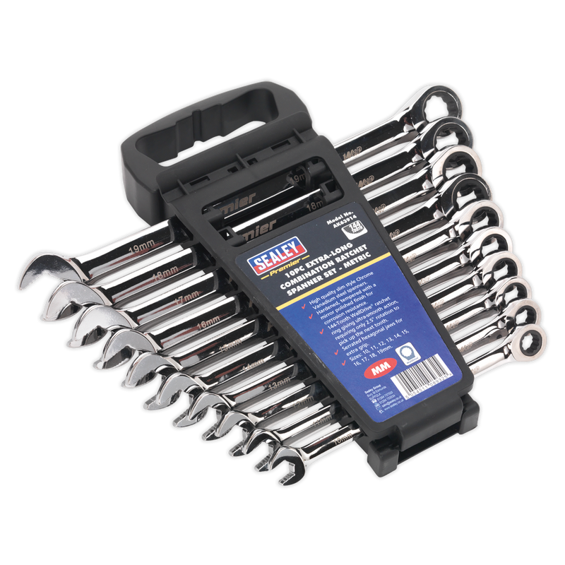 Sealey AK63914 10pc Extra-Long Combination Ratchet Spanner Set