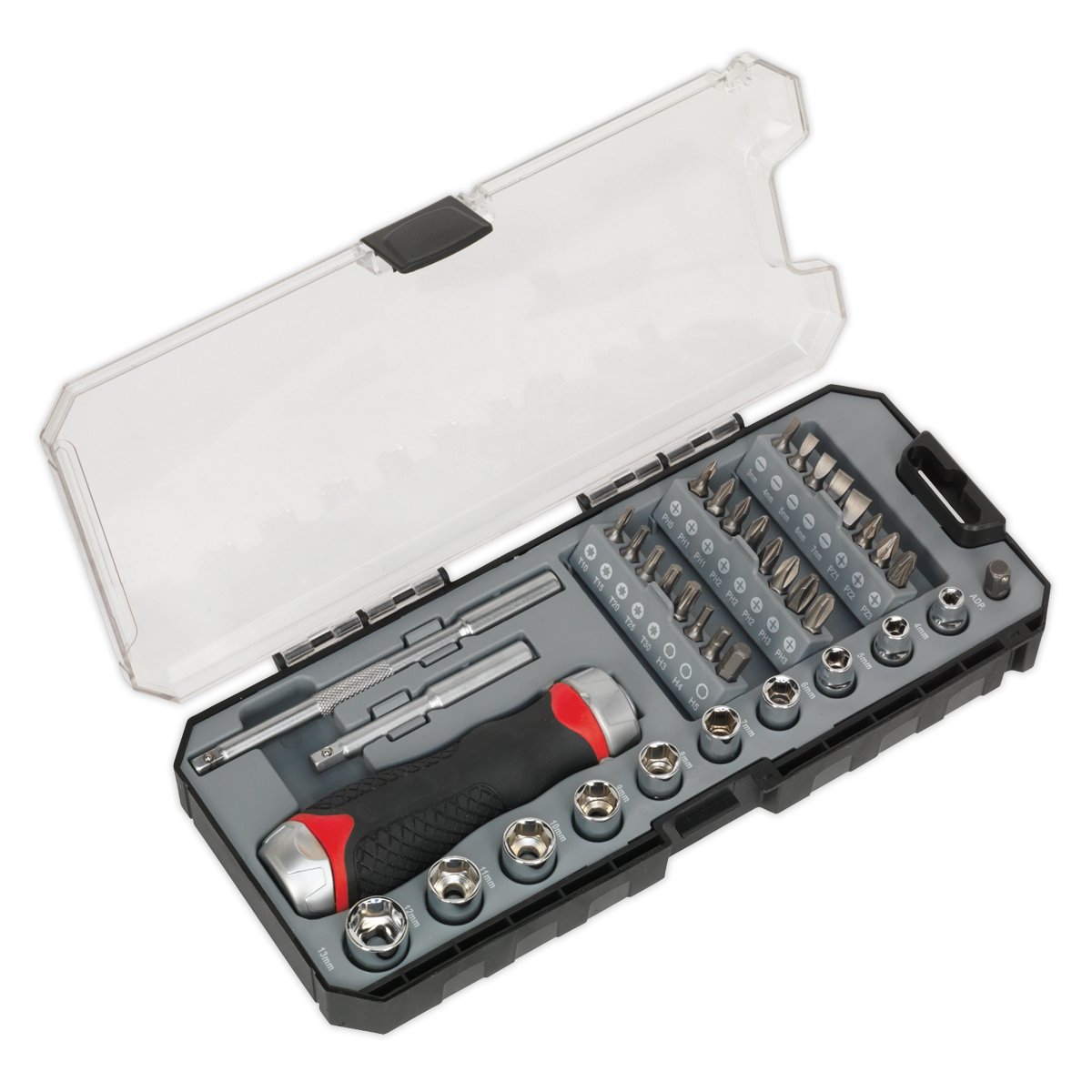 Sealey AK64905 38pc Fine Tooth Ratchet Screwdriver Socket & Bit Set
