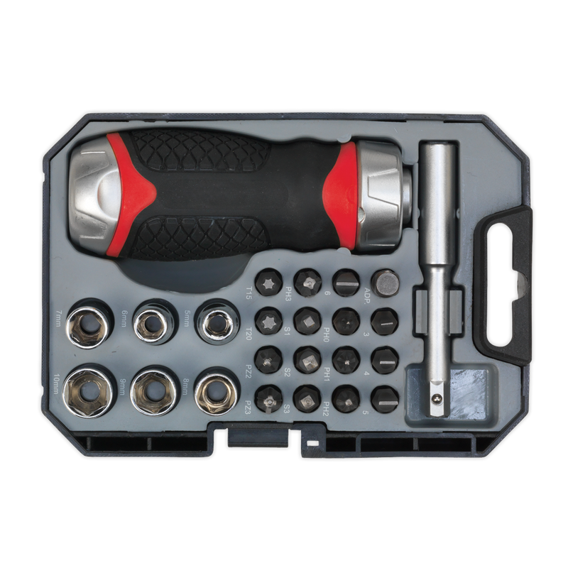 Sealey AK64906 24pc Fine Tooth Stubby Ratchet Screwdriver Socket & Bit Set