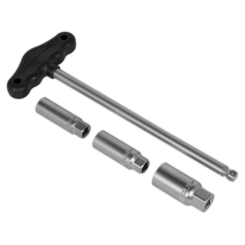 Sealey AK6550 4pc 3/8"Sq Drive T-Bar & Rubber Insert Spark Plug Socket Set