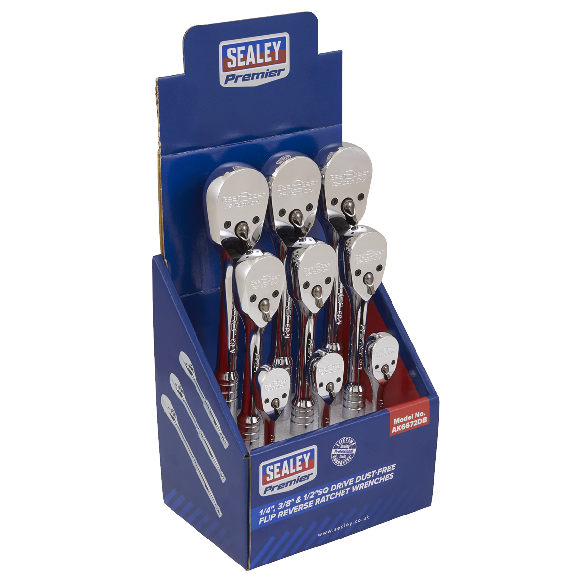 Sealey AK6672DB 1/4", 3/8" & 1/2"Sq Drive Dust-Free Ratchet Wrenches with Flip Reverse - Display Box of 9