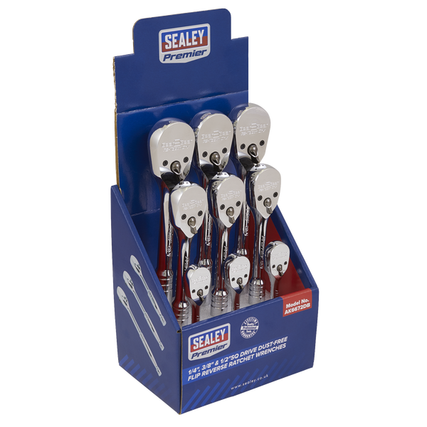 Sealey AK6672DB 1/4", 3/8" & 1/2"Sq Drive Dust-Free Ratchet Wrenches with Flip Reverse - Display Box of 9