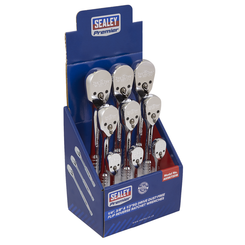 Sealey AK6672DB 1/4", 3/8" & 1/2"Sq Drive Dust-Free Ratchet Wrenches with Flip Reverse - Display Box of 9