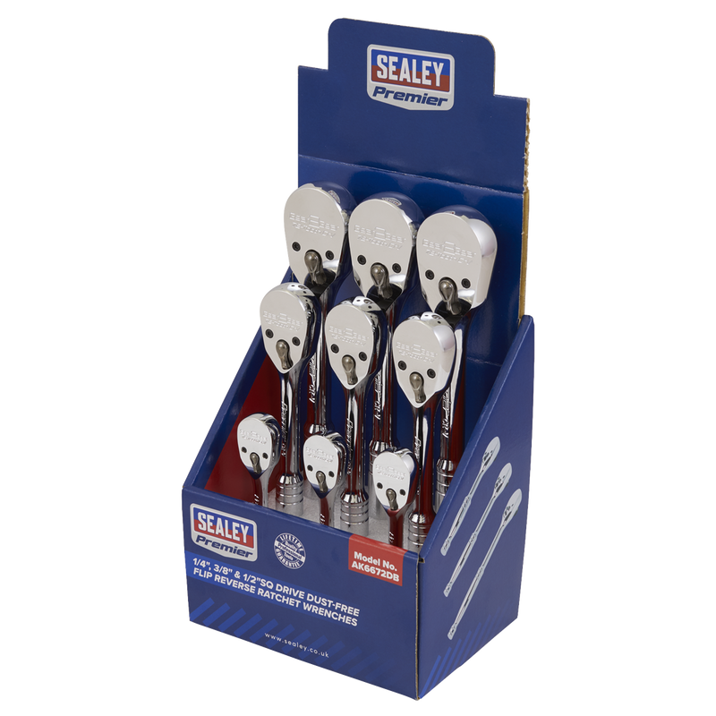 Sealey AK6672DB 1/4", 3/8" & 1/2"Sq Drive Dust-Free Ratchet Wrenches with Flip Reverse - Display Box of 9