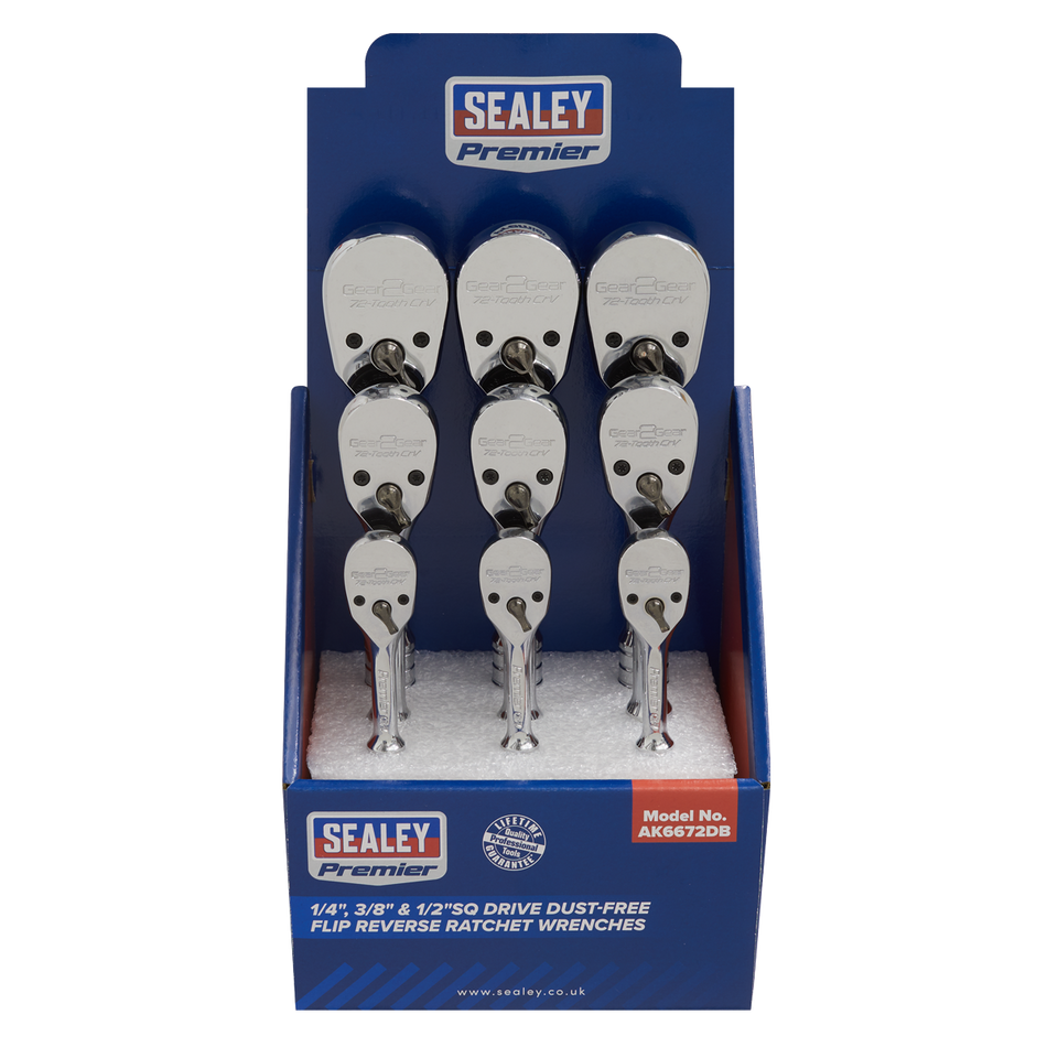 Sealey AK6672DB 1/4", 3/8" & 1/2"Sq Drive Dust-Free Ratchet Wrenches with Flip Reverse - Display Box of 9