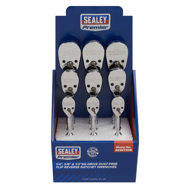 Sealey AK6672DB 1/4", 3/8" & 1/2"Sq Drive Dust-Free Ratchet Wrenches with Flip Reverse - Display Box of 9