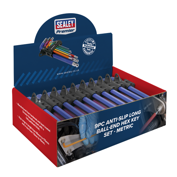 Sealey AK7190DB Ball-End Hex Key Set 9pc Colour-Coded Long Metric - Display Box of 10