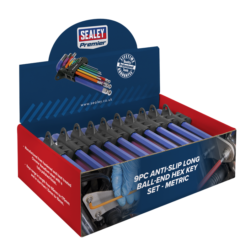 Sealey AK7190DB Ball-End Hex Key Set 9pc Colour-Coded Long Metric - Display Box of 10